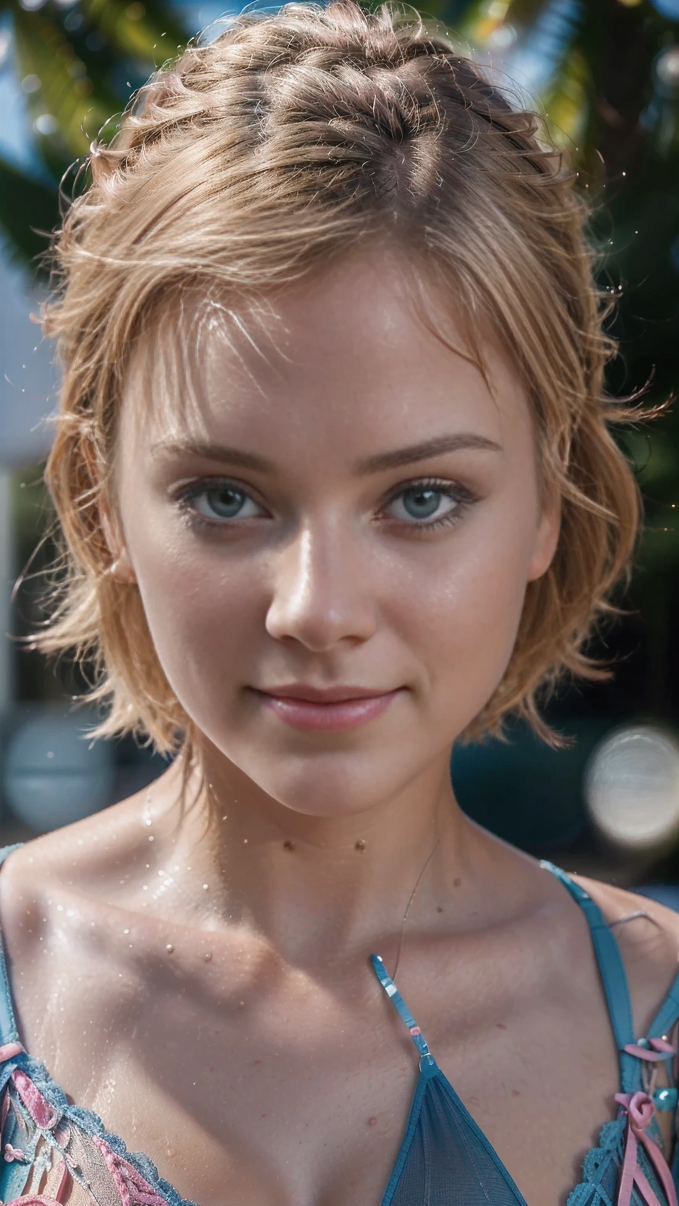 (realista photo of a pretty scandinavian blonde girl), (wearing a gorgeous full set of detalhado, lingerie rosa choque brilhante e vibrante), (cabelo curto, cabelo loiro), (olhos brilhantes, olhos vibrantes, olhos azuis), (sorriso fofo), (Rosto bonito, rosto iluminado, detalhado face), (pele natural, pele brilhante, realista skin), (Fundo de Miami Beach decorado), (looking directly at the camera), (Ultra High Definition, hyper-realista, highly detalhado, alta qualidade, alto detalhe, ultra-detalhado, ultra-realista, realista, detalhado), (melhor qualidade,4k,8k,16k,Most High,obra de arte:1.3),(realista,photo-realista,photorealista:1.4), (extremely detalhado CG unit 16k wallpaper), 16k uhd, 16KHD, Sharp focus Fujifilm XT3, professional lighting, Film grain, Fotografia bruta, digital SLR camera, Arte de pintura realista Fujifilm XT3, Utilize state-of-the-art deep learning models and adjust parameters according to quality metrics, como Similaridade Estrutural (SSIM) and loss of perception to create an image that is indistinguishable from a real image, fotografia de alta qualidade,