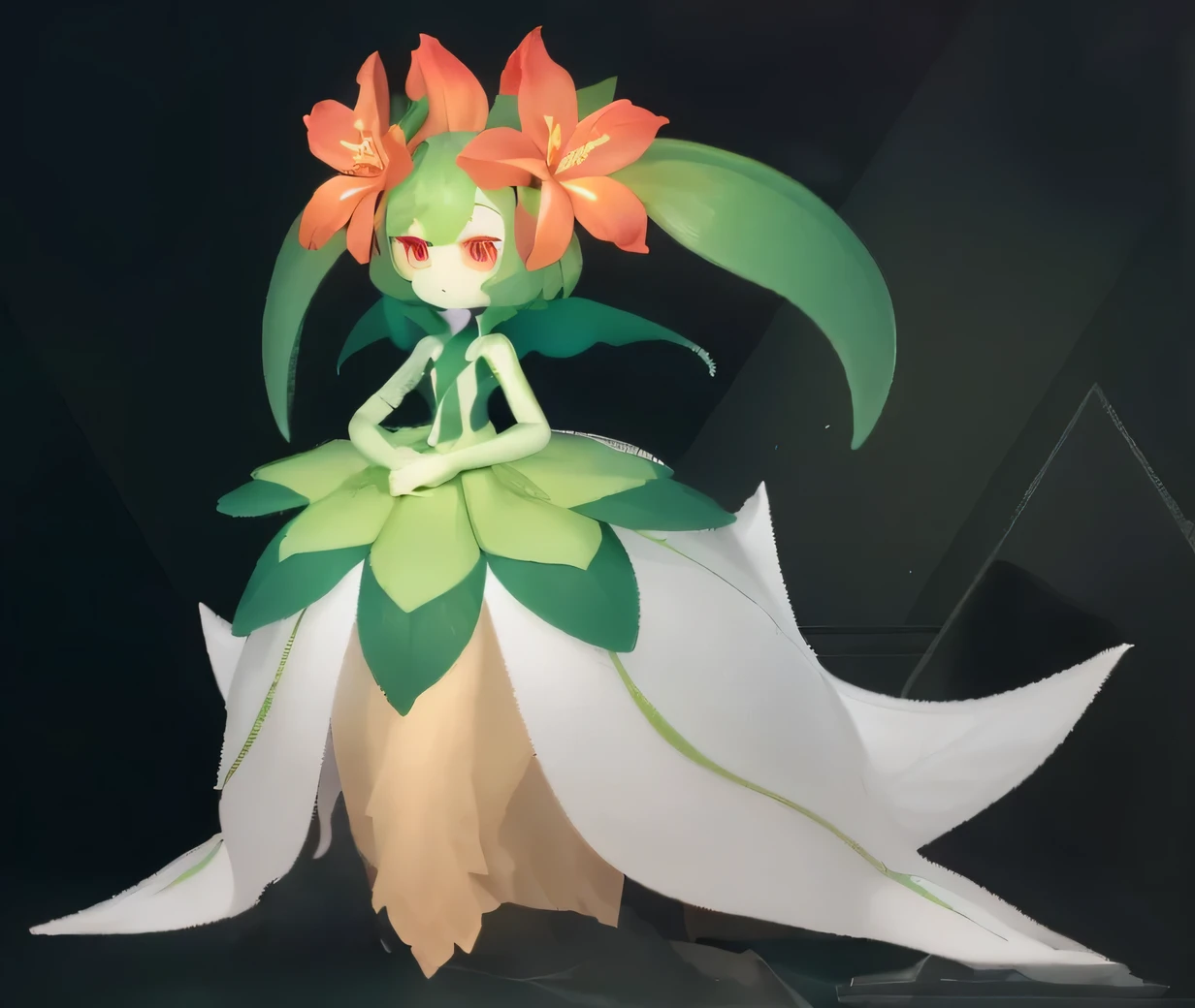 (masterpiece, high quality, best resolution), detailed, A tall humanoid Pal with a huge layered flowing dress made from petals in various green tones. Lyleen wears two dark green leafs on it's shoulders and another 2 green petals on it's head, resembling pigtails. It has red eyes, a very small mouth, no nose and 2 red lilies growing from it's head, Harvest Goddess, Palworld, UHD, 8k