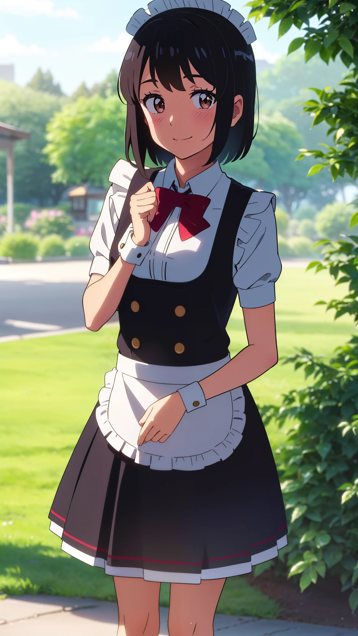 shinkai makoto, kimi no na wa., 1girl, bangs, black hair, blush, brown eyes, red ribbon, red bow, (maid uniform), headdress, dress, shirt, pinafore, skirt, mini skirt, hair decoration, looking at the viewer, short hair, cute, smile, solo, short sleeves, outdoors, Spring breeze