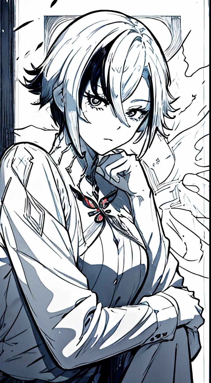 Arlecchino, Arlecchino (Genshin Impact), manga style, hand holding her head, sitting, disapproving look, legs crossed, expressionless, bust shot, upper body close-up, rough expressive lines, expressive lines, dark lines, dense lines, intense line work, masterpiece, best quality, super fine, extremely delicate and beautiful, horror manga, black and white manga, black and white line drawing, inspired by Junji Ito, art style of Junji Ito, hand-drawn, character focus, extremely fine,