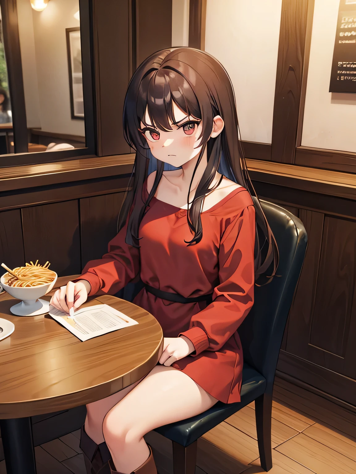 (1) A woman is sitting alone at a table in a restaurant.
(2) The woman looks like an adult、She is wearing a red long-sleeved super mini dress and brown long boots.。.
(3) The woman's hair color is black、facial expression is angry.
(4) The place is inside a small Italian restaurant.
(5) There is only one pasta item on the woman's table..