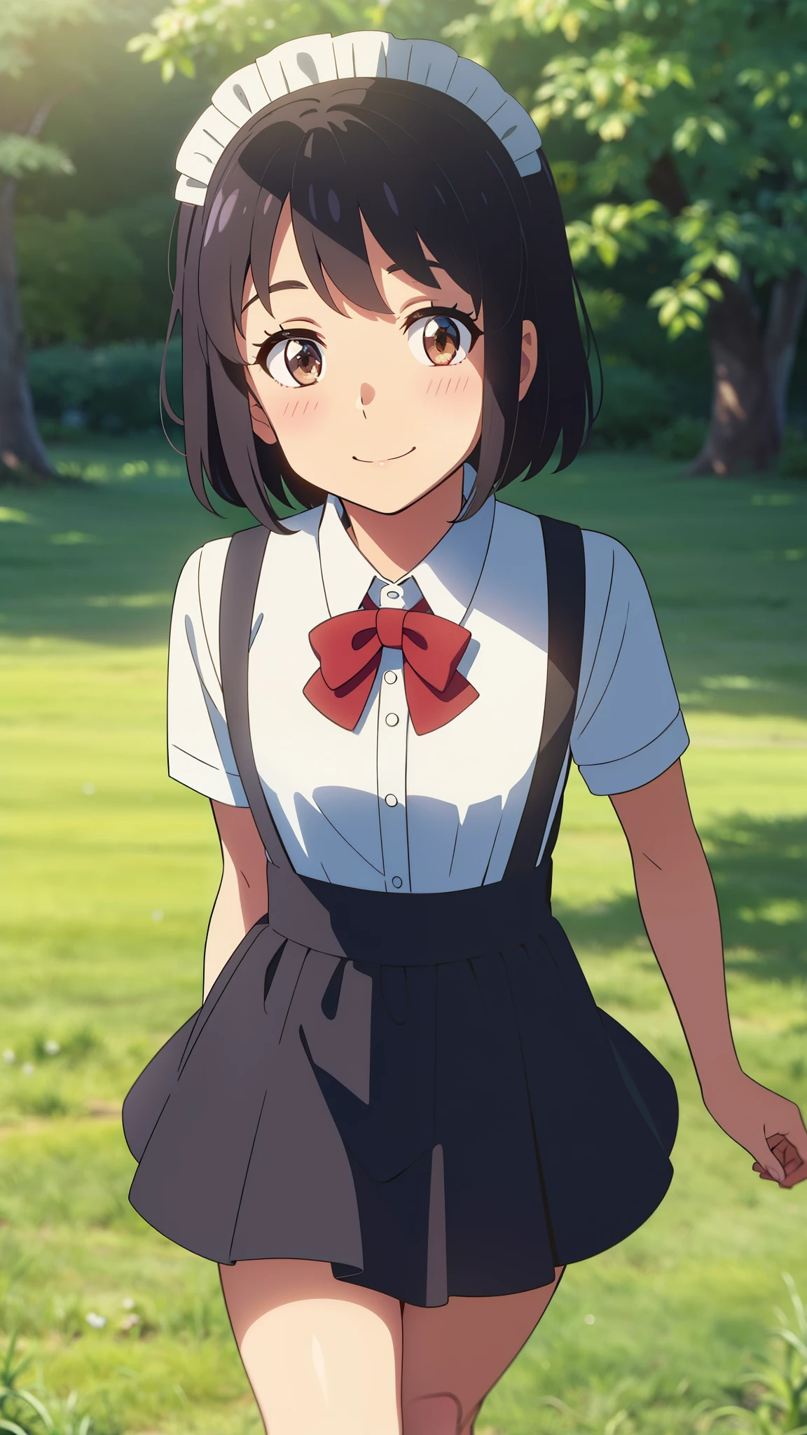 shinkai makoto, kimi no na wa., 1girl, bangs, black hair, blush, brown eyes, shiny skin, red ribbon, red bow, (maid uniform), headdress, dress, shirt, pinafore, skirt, mini skirt, hair decoration, looking at the viewer, short hair, cute, smile, solo, short sleeves, outdoors, Spring breeze, Walking with a thigh, Upper body portrait