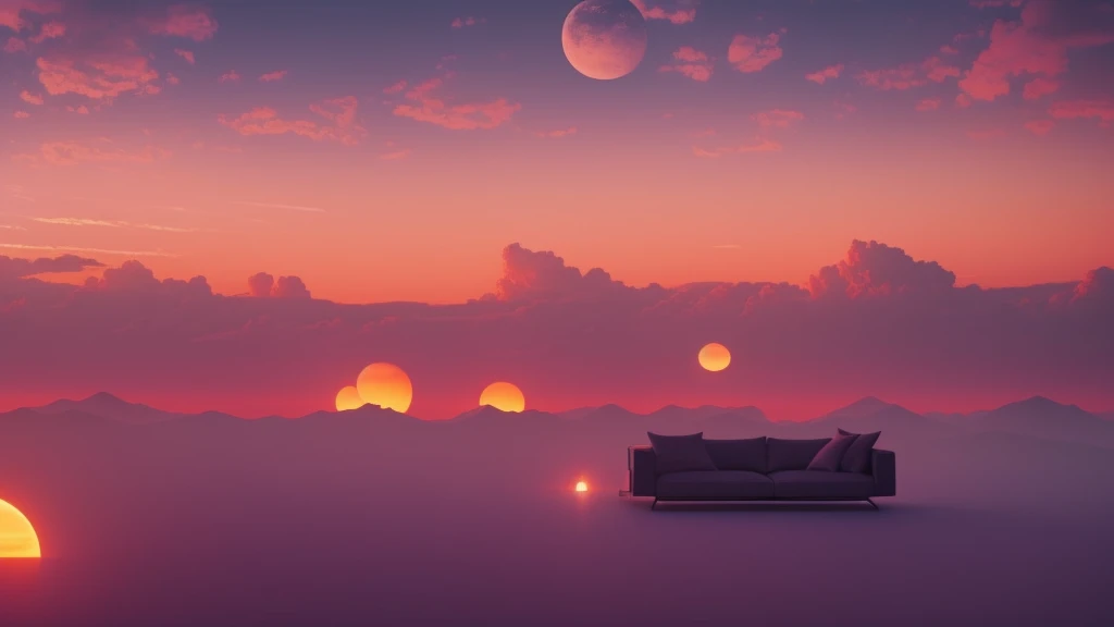 there is a living room with a couch and a table in it, dream like atmosphere 8k, highly detailed surreal vfx, lofi aesthetic, virtual metaverse room, vaporwave sunset, atmosphere hyperrealistic, vaporwave wallpaper environment, aesthetic clouds in the sky, dreamy atmosphere and drama, artem demura beeple, beeple global illumination