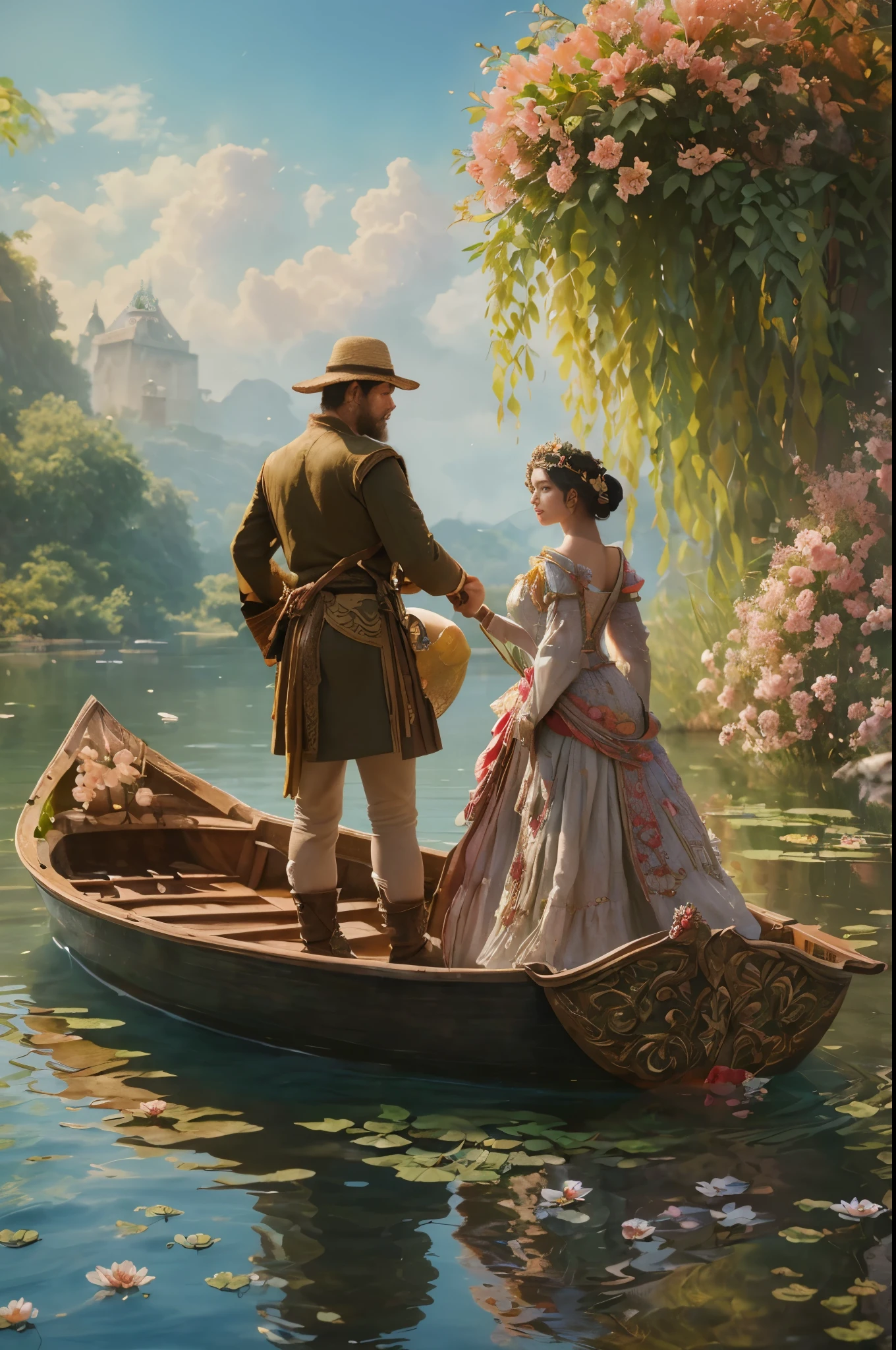 A man standing up in a boat with a young lady in ancient costumes in the middle of the lake, Live nature, Claude Monet paints gardens beauty in flowers, a variety of small details in the background, masterpiece, hyper detailed, trending on artstation, intricate details, highly detailed, highly detailed, digital painting, perfect result, ultra hd, realistic, vivid colors, highly detailed, UHD drawing, pen and ink, perfect composition, beautiful detailed intricate insanely detailed octane render trending on artstation, 8k artistic photography, photorealistic concept art, soft natural volumetric cinematic perfect light, highly detailed, ultra realistic