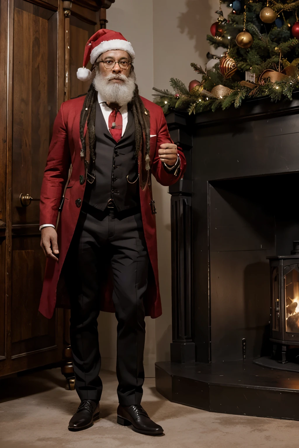 Santa Claus, black, dread locks, muscular, glasses, cool, realistic, red suit, full body, Victorian, steampunk