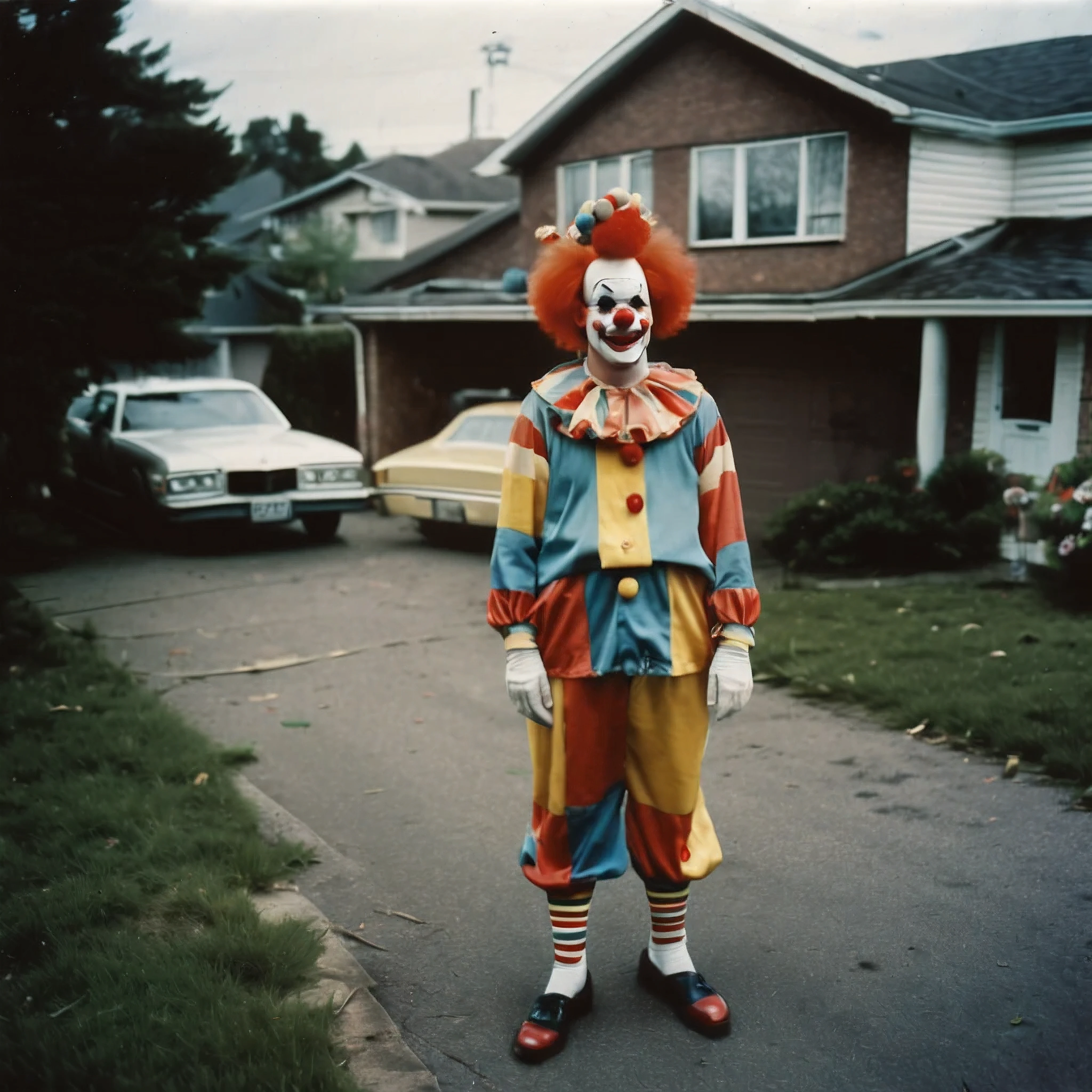 RAW photo of a clown in a suburban area, 1980s, creepy photo
