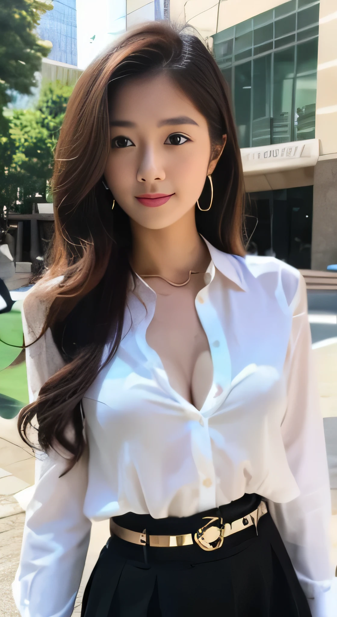 A woman in a white shirt and black skirt posing for a picture - SeaArt AI