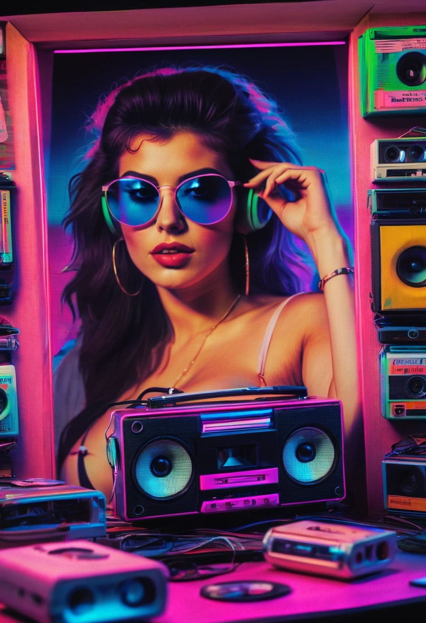 Framed, capsuled, pils, drugs, medicine,80's, cassettes, speakers, Vaporwave Aesthetic style, synthwave, sexy busty woman, SFW please,