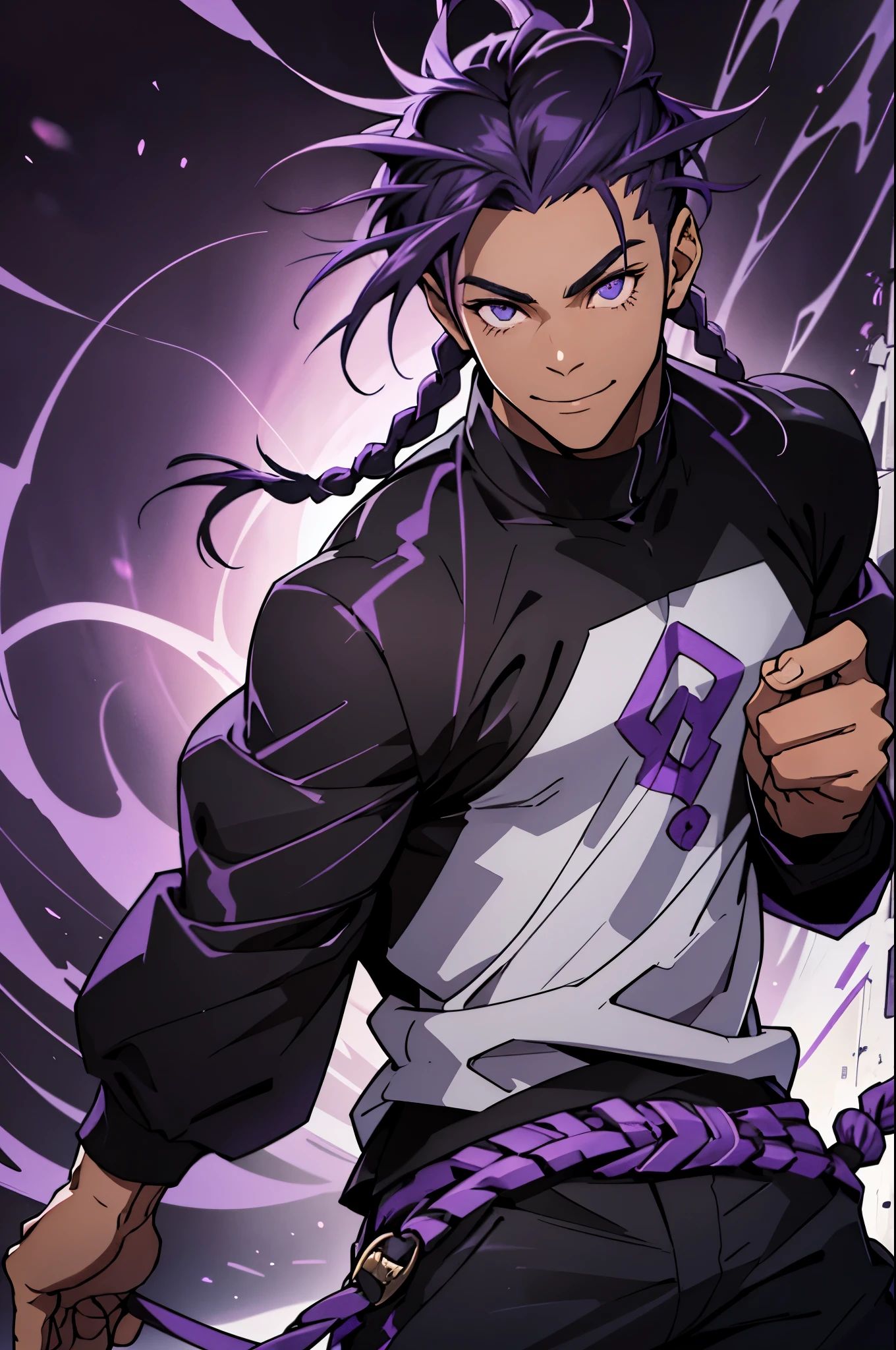 black young man, black and purple hair with two braids, olhos purpura, camiseta branca, black pants, sorriso arrogante, hunter's eyes, face calma, fight pose