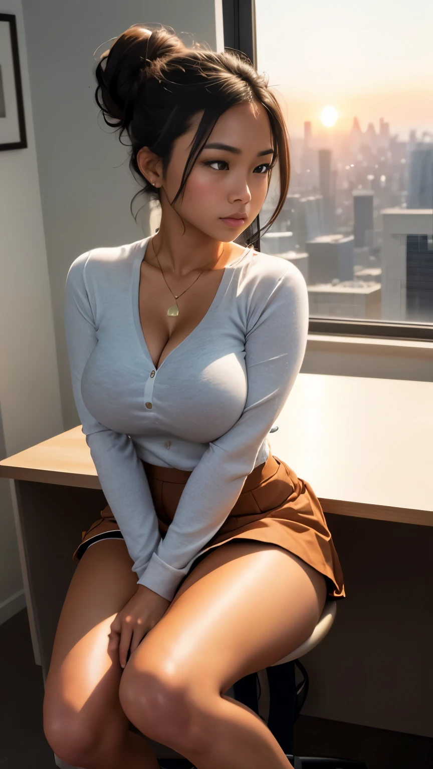 masterpiece, best quality, highres, perfect anatomy, bbyorf, short hair with long locks, white hairband, red eyes, gold earrings, large breasts, office lady, (white shirt), collared shirt, (green vest), long sleeves, (green skirt), ((black high heels)), (pump heels), perfect face, detailed and beautiful face, beautiful eyes, (detailed hands), (detailed fingers), (5_fingered), (detailed vagina), detailed anus, (blush:1.2), smile, sexy lips, fairer skin, slender body, skinny legs, large breast, voluptuous breast, 40G breast size, pink nipples, areola protruding, very errect-nipples, detailed eyes, spreading her sexy legs, exposed vagina, squatting, ((inside office)), ((on desk)), (sunset), (presenting her (wide open vagina hole1.3)), clearly viewing her vagina from pussy, out, ((open clothes)), showing , pussy out, no panty, (wide open vagina), wide open anus, spreading pussy, (erected clitoris), clitoral_hood, ((hands behind head)),bbyorf, jewelry