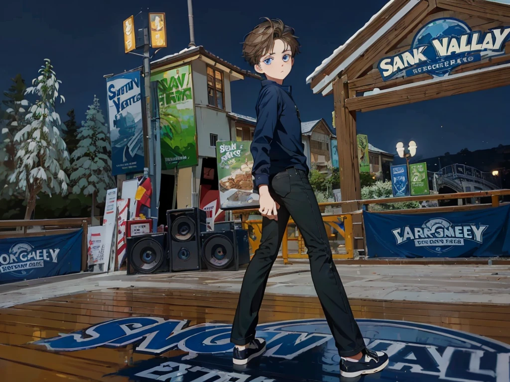 Masterpiece, best quality, height, 1 boy, alone, stand, lad, Wear a navy shirt, Black Jeans, Cool shoes, detailed face, Detailed eyes, blue eyes, depth of field, Highly detailed, Park Background
