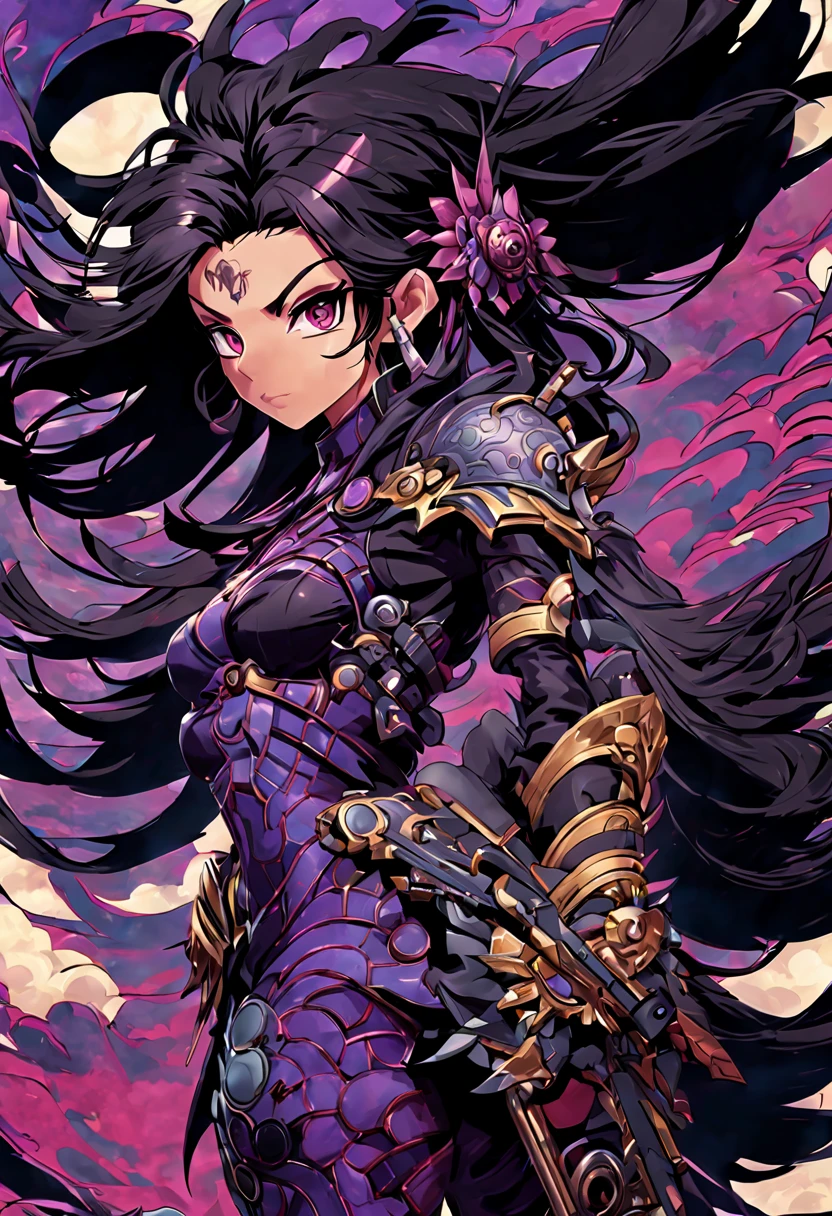 a girl with sinister eyes colored in purple, normal breast, wears very stylish combat outfits in anime, long black hair, she does not smile, with sinister background with sky in sight, on her outfit is clearly written "xenoblade "