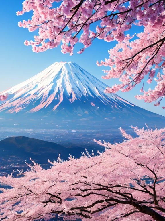 (best quality,highres),cherry blossoms,pink petals falling across, majestic Mount Fuji,serene landscape,sakura trees,blooming flowers,tranquil atmosphere,scenic beauty,soft sunlight,delicate branches,evocative springtime,serenity and calmness,splendid view,distant mountains,towering peak,vivid colors,peaceful surroundings,harmonious composition,ethereal beauty,nature's masterpiece,sublime beauty,serene skies,subtle shades of pink,refreshing breeze,beautiful harmony,Wabi-Sabi aesthetics