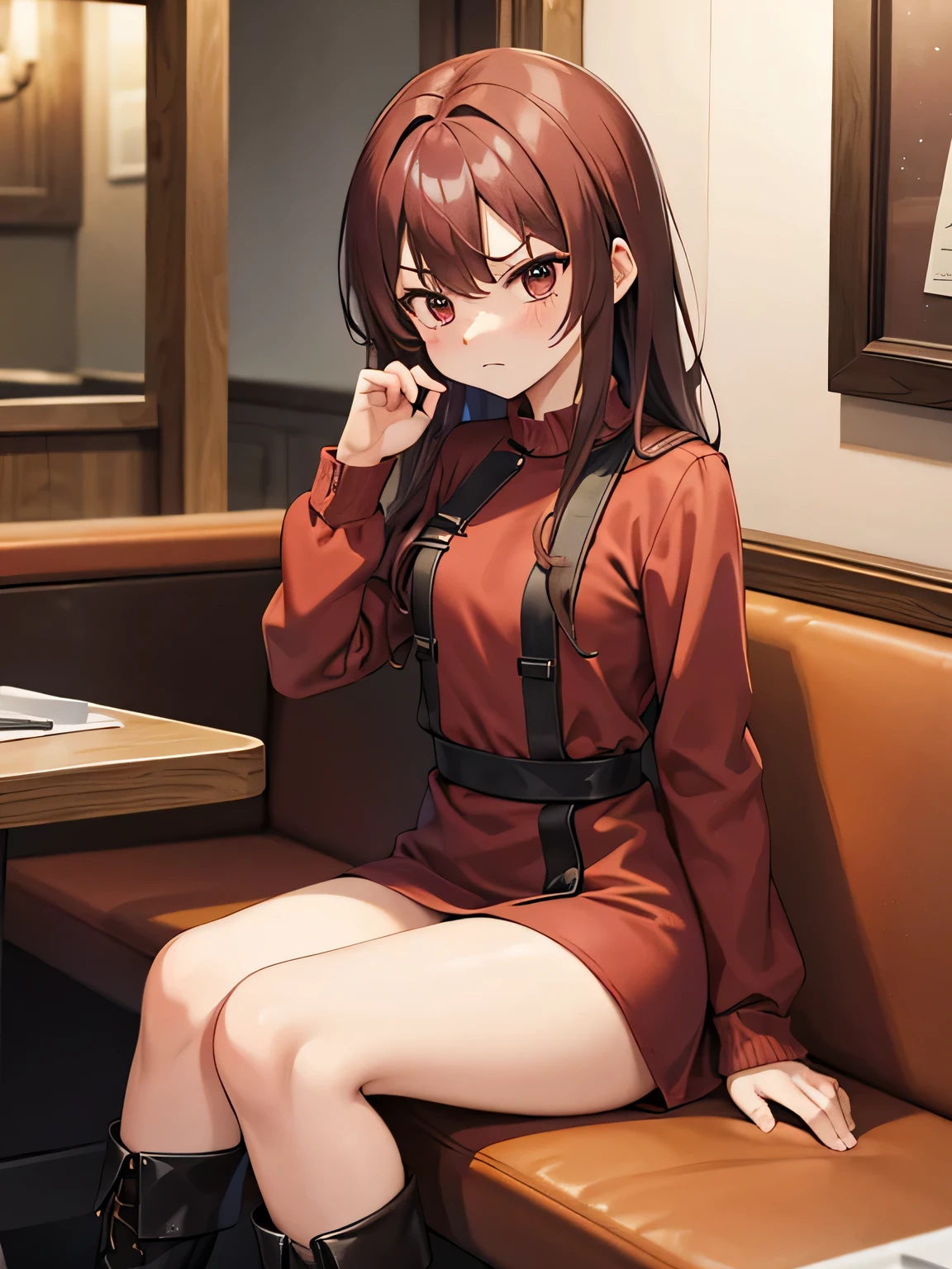 (1) A woman is sitting alone at a table in a restaurant.
(2) The woman looks like an adult、She is wearing a red long-sleeved super mini dress and brown long boots.。.
(3) The woman&#39;s hair color is black、facial expression is angry.
(4) The place is inside a small Italian restaurant.
(5) There is only one pasta item on the woman&#39;s table..