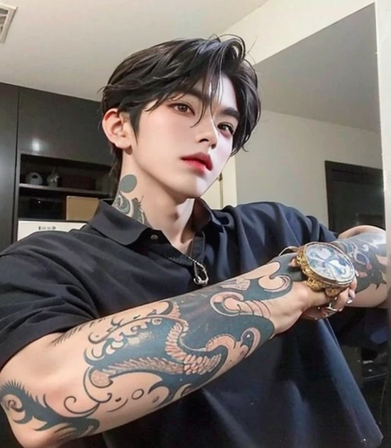 Un primer plano de una persona con un tatuaje en el brazo, cai xukun, handsome japanese demon boy, inspirado por Zhang Han, pintar ulzzang, jungkook, kanliu666, Jung Jaehyun, hyung tae, kim doyoung, yanjun chengt, Jinyoung Shin, Estilo de Junji Ito, inspirado en Gang Se-hwang, Jungkook bts, korean male face kpop, idol, jeon Jungkook, bts, Jungkook, kook bts 