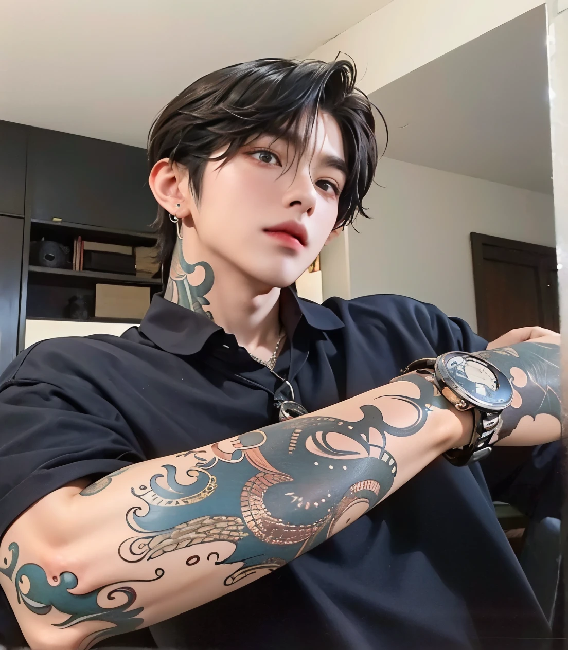 Un primer plano de una persona con un tatuaje en el brazo, cai xukun, handsome japanese demon boy, inspirado por Zhang Han, pintar ulzzang, jungkook, kanliu666, Jung Jaehyun, hyung tae, kim doyoung, yanjun chengt, Jinyoung Shin, Estilo de Junji Ito, inspirado en Gang Se-hwang, Jungkook bts, korean male face kpop, idol, jeon Jungkook, bts, Jungkook, kook bts 
