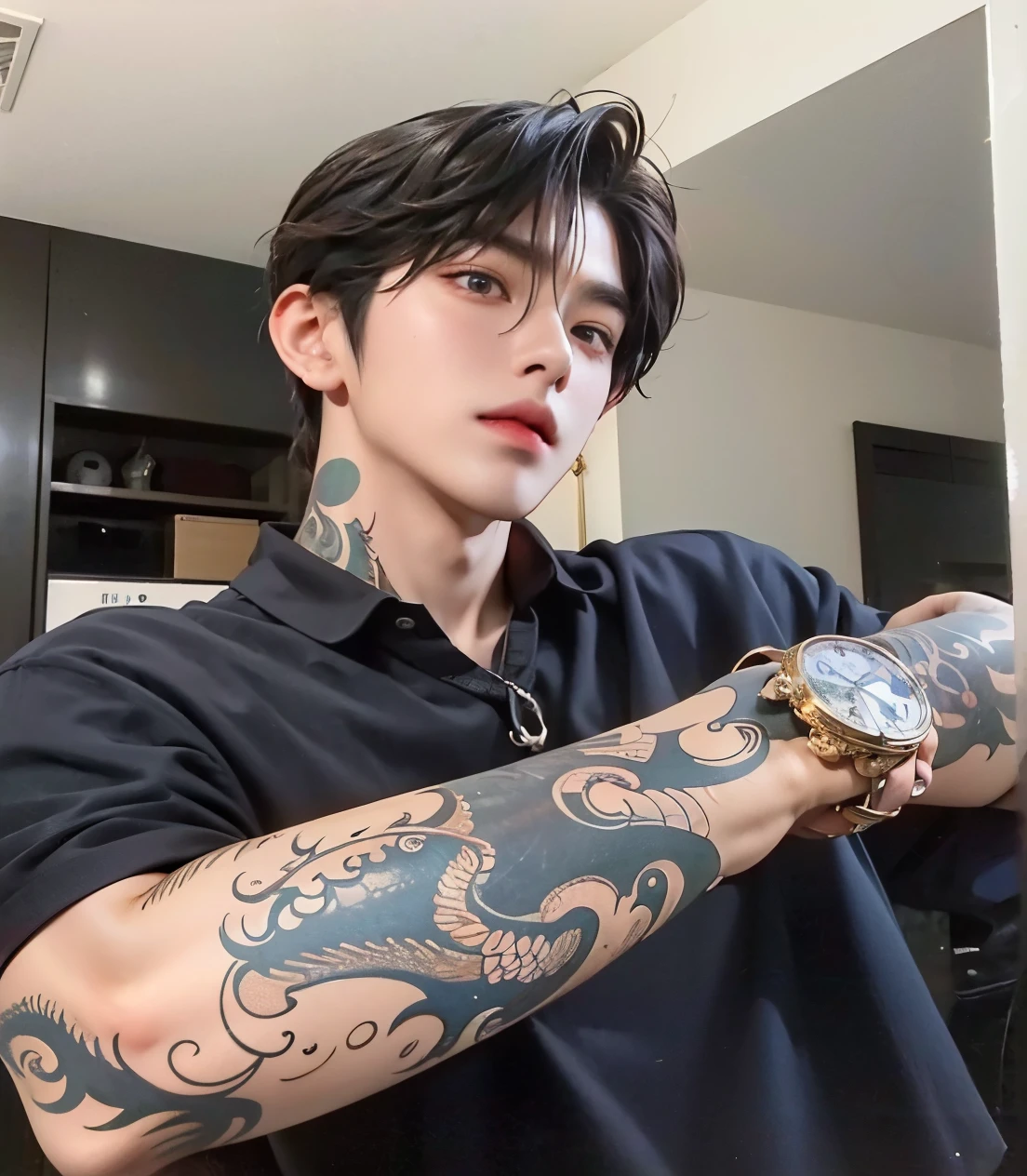 Un primer plano de una persona con un tatuaje en el brazo, cai xukun, handsome japanese demon boy, inspirado por Zhang Han, pintar ulzzang, jungkook, kanliu666, Jung Jaehyun, hyung tae, kim doyoung, yanjun chengt, Jinyoung Shin, Estilo de Junji Ito, inspirado en Gang Se-hwang, Jungkook bts, korean male face kpop, idol, jeon Jungkook, bts, Jungkook, kook bts