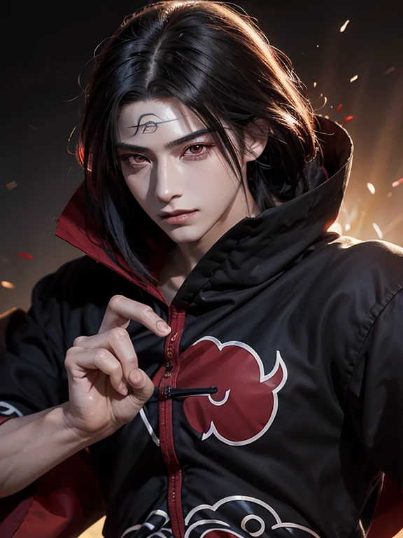 1male, Uchiha Madara , pelo largo , pelo negro, ojos rojos, pose de pelea dinamica, Sonrisa, armadura samurai roja, Realista, campo de batalla, Ultra detalle, anime style