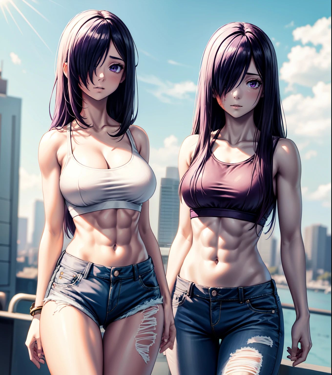 in white bra and tight denim, low waist denim, arms behind back, full body, wearing cropped t-shirt, bra, slim figure, small bust, fit girl model, 18 year old female model, burn scar on face, burn scar on right side of body, purple eyes, long dark purple hair, hanako, hair over one eye, muscular fit girl, abs