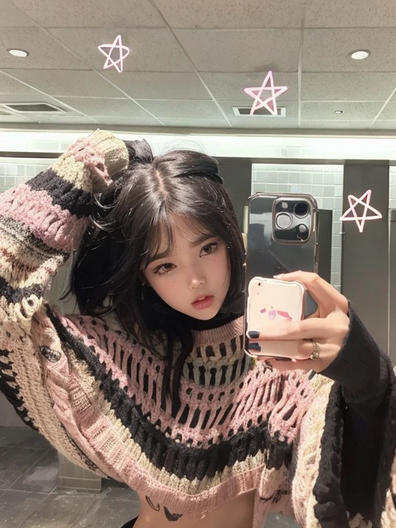 There's a woman taking a selfie in a public restroom, ulzzang, lofi girl aesthetic, jisoo de blackpink, ella tiene el pelo negro con flequillo, and - girl, e-chica, parque roseanne de blackpink, Jisoo de Blackpink, 8k selfie photography, Cute aesthetics with flutter, jossi de blackpink, Jinyoung Shin, selfie de una mujer joven