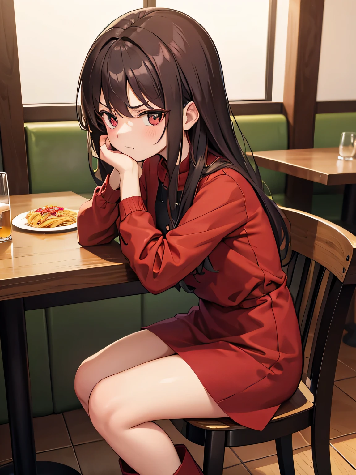 (1) A woman is sitting alone at a table in a restaurant.
(2) The woman looks like an adult、She is wearing a red long-sleeved super mini dress and brown long boots.。.
(3) The woman&#39;s hair color is black、facial expression is angry.
(4) The place is inside a small Italian restaurant.
(5) There is only one pasta item on the woman&#39;s table..