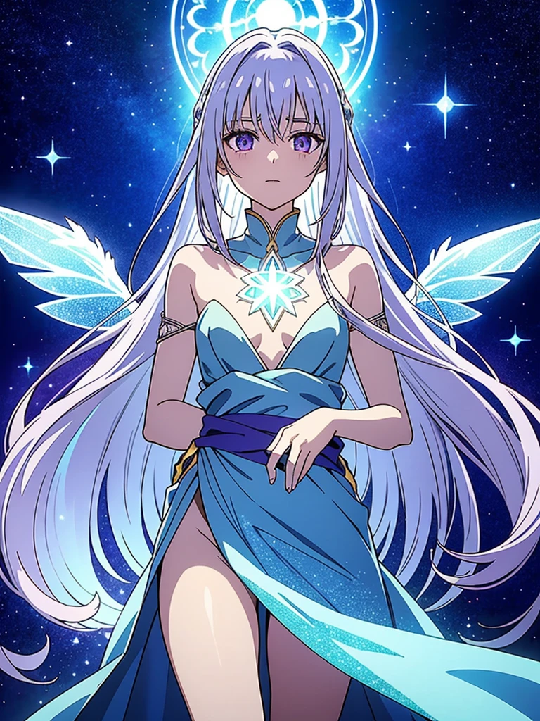 Kazuki Aetherwind possesses an ethereal and enchanting appearance in the magical realm of Eldoria. Her silver-white hair flows like moonlight, framing a face adorned with subtle runic tattoos that softly illuminate when touched by magical energies. Her eyes, a captivating shade of amethyst, hold a mysterious depth, reflecting a profound connection to the mystical forces surrounding her. A pair of translucent, iridescent wings extend gracefully from her back, symbolizing her affinity with the spirits of the air. These wings add an otherworldly elegance to her silhouette as they catch the ambient magical light. Kazuki's attire is a blend of magical elegance and functionality. Draped in a midnight-blue robe adorned with celestial patterns, each step seems to leave traces of stardust in his wake. A silver sash wraps around her waist, securing a vial filled with shimmering stardust—a magical catalyst for her enchantments. Her hands, adorned with ornate silver rings, possess a delicate yet powerful touch capable of weaving intricate spells. Around her neck, a crystal amulet radiates a soft glow, reflecting her mastery over the arcane energies that course through her. In this magical world, Kazuki Aetherwind stands as a living embodiment of the enchanting energies that permeate Eldoria, her presence resonating with the mystic beauty of the realm.