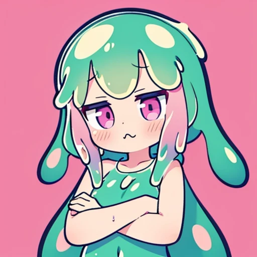 masterpiece, best quality, (slime girl:1.3), 1girl, pout, crossed arms, dress, pink skin, (slime hair:1.2), simple background, solo