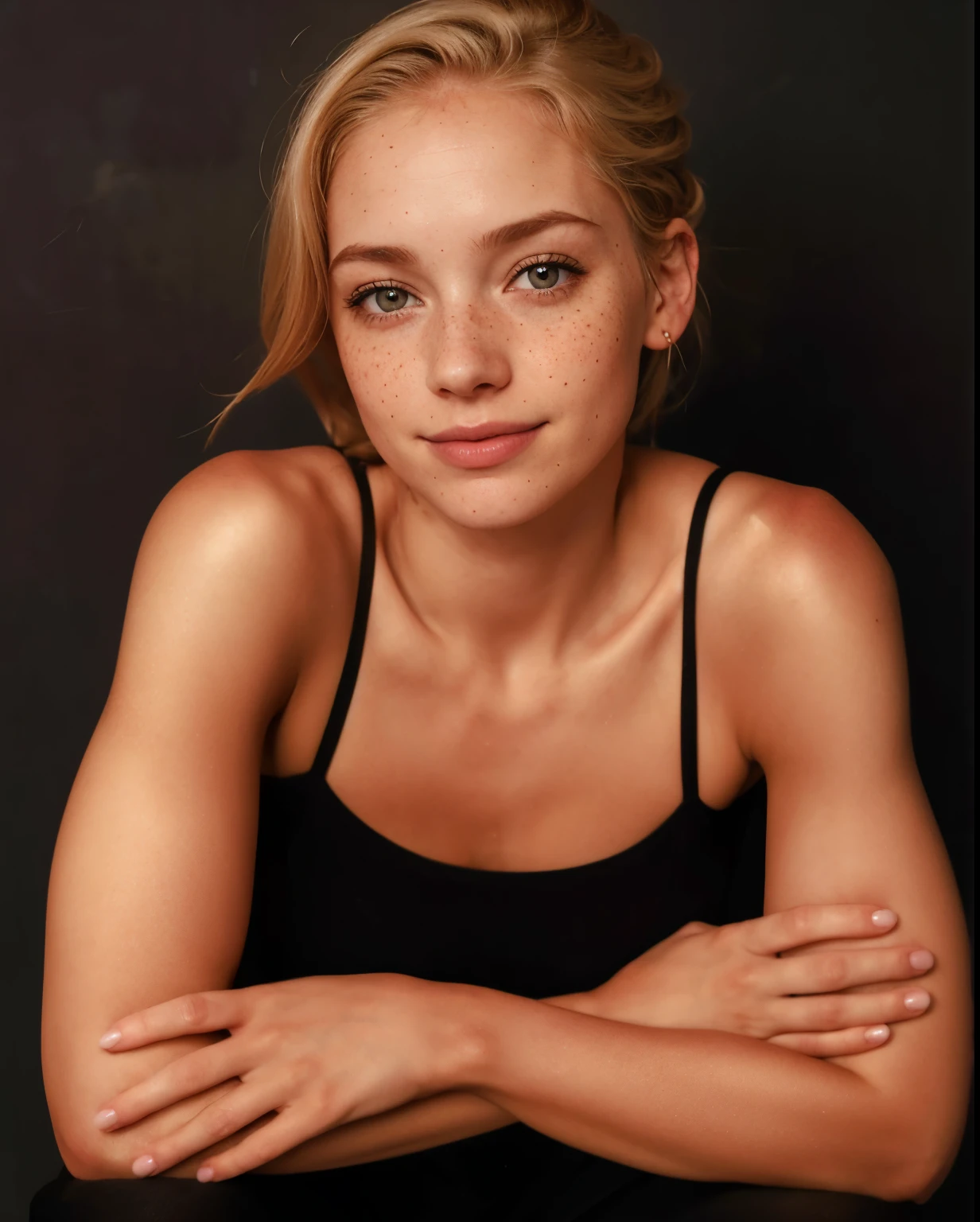 Rosto de uma mulher, americana, 25 anos, pale skin and freckles, olhos cinzas, nariz delicado, soft and delicate lips, cabelo blondie cinza longo e ondulados, sorriso meigo, olhar sedutor
