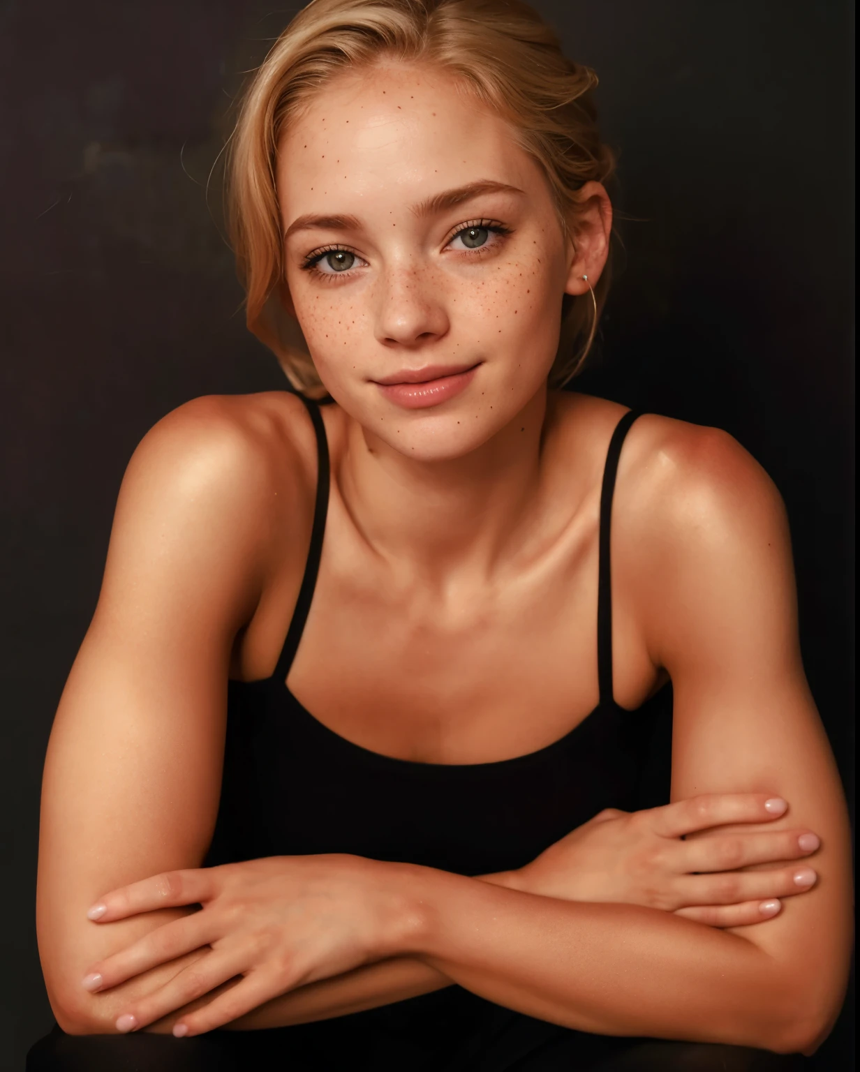 a 23 y.o french pretty modeling,soft lighting, blonde hair, with a focus on her face and upper body,high resolution,professional grade,RAW photography,evocative composition,Cinematic Lighting,moody lighting,(freckles:0.8),sexy,cinematic_angle,completely nude,