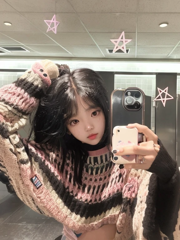 There's a woman taking a selfie in a public restroom, ulzzang, lofi girl aesthetic, jisoo de blackpink, ella tiene el pelo negro con flequillo, and - girl, e-chica, parque roseanne de blackpink, Jisoo de Blackpink, 8k selfie photography, Cute aesthetics with flutter, jossi de blackpink, selfie de una mujer joven, Jinyoung Shin