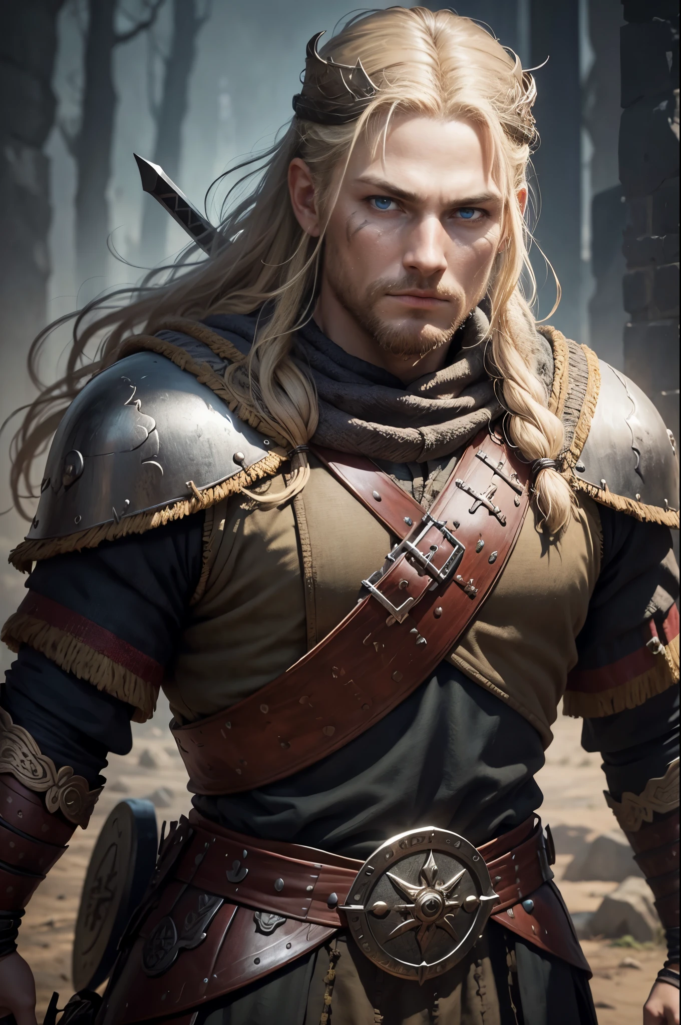 (((Solo focus.))) (((Single character image.))) (((Looks like a great fantasy adventurer.))), ((large bulge)), bulgeJ8, (((Long blond hair. in a topknot))) (((Dressed in medieval fantasy attire.))) (((Handsome and young.))) (((Looks like beefcake male fantasy character.))) (((Dressed in medieval fantasy attire.))) (((Ideal male physique.))) (((Bare chest, tattoos, perfect abs.)))  (((Swashbuckler fashion.)))  Looks like a fun-loving and heroic male adventurer for Dungeons & Dragons. Looks like a very attractive male adventurer for a high fantasy setting. Looks like a handsome and rugged male adventurer for Dungeons & Dragons. Looks like a handsome male for a medieval fantasy setting. Looks like a Dungeons & Dragons adventurer, very cool and masculine hair style, black clothing, handsome, adventurer, athletic build, excellent physique, confident, gorgeous face, gorgeous body, detailed and intricate, fantasy setting,fantasy art, dungeons & dragons, fantasy adventurer, fantasy NPC, attractive male in his mid 20's, ultra detailed, epic masterpiece, ultra detailed, intricate details, digital art, unreal engine, 8k, ultra HD, centered image award winning, fantasy art concept, digital art, centered image, flirty,ure:1.4, picture-perfect:1.0,8k, HQ,best quality:1.0,
