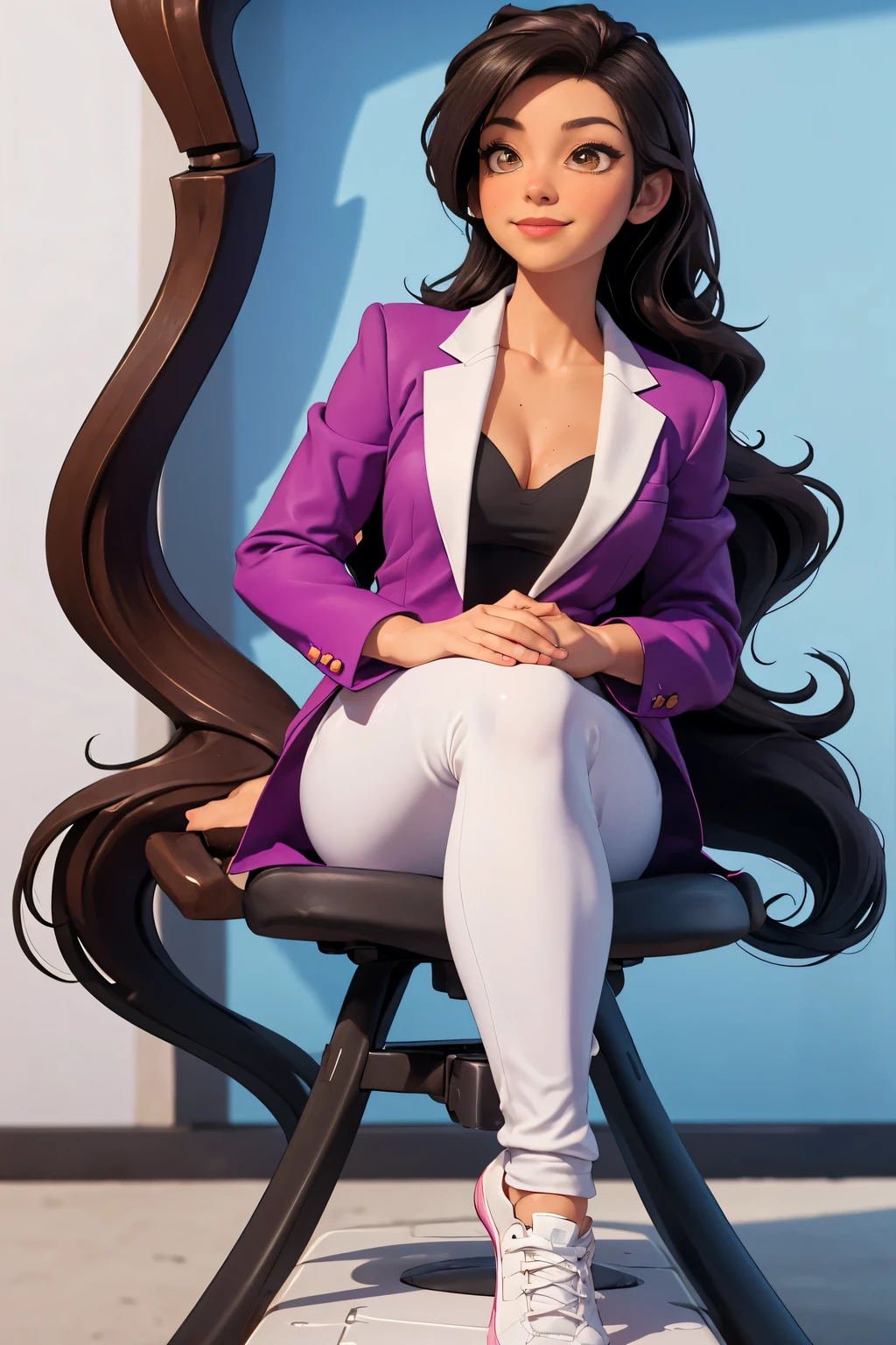 Imagine um avatar 3D de um personagem animado sorridente no estilo Disney Pixar sentado casualmente em cima de um "Instagram" Social Media Logo. O personagem deve usar um blazer roxo, White pants, Blusa preta, White sneakers, longos cabelos ondulados pretos, pele clara, slightly slanted brown eyes, e segure um iPhone. The background of the image is a social media profile page with the username "Dezintech" e uma foto de perfil correspondente