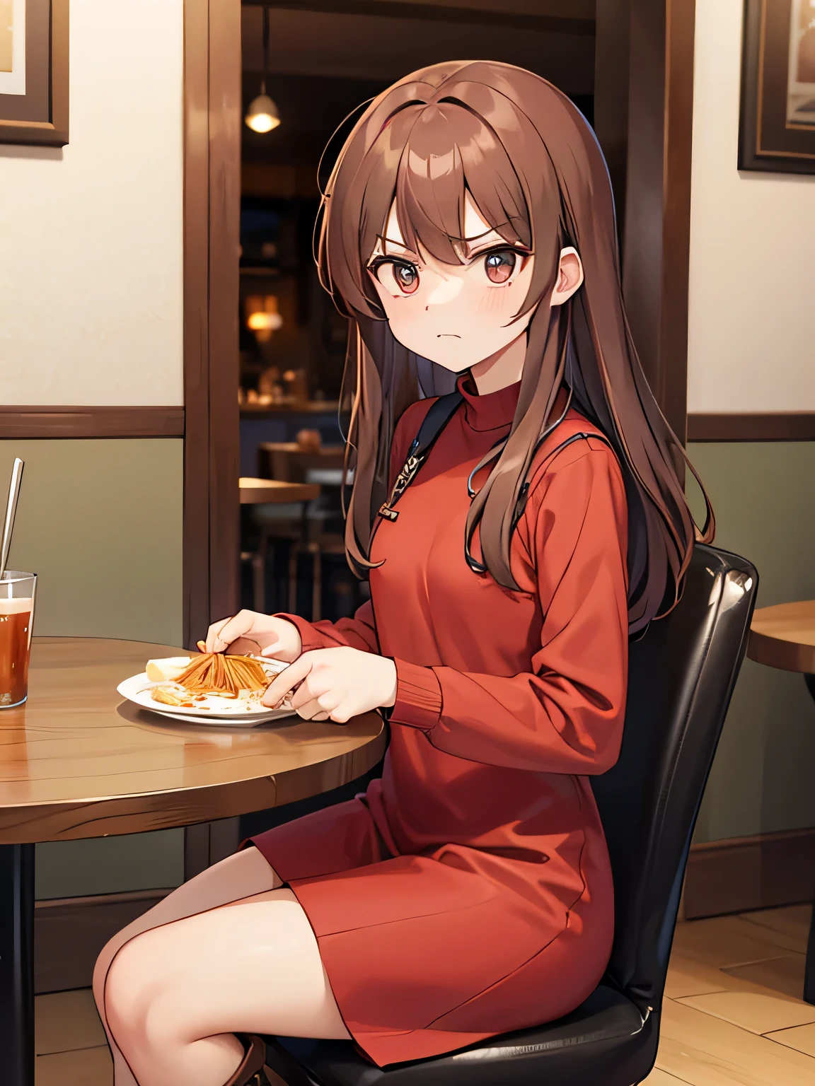 (1) A woman is sitting alone at a table in a restaurant.
(2) The woman looks like an adult、She is wearing a red long-sleeved super mini dress and brown long boots.。.
(3) The woman&#39;s hair color is black、facial expression is angry.
(4) The place is inside a small Italian restaurant.
(5) There is only one pasta item on the woman&#39;s table..