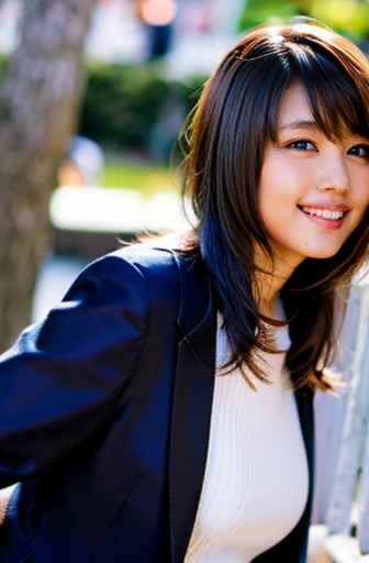 (8k, RAW photo, top quality, masterpiece: 1.2), (realistic, photorealistic: 1.37), ultra detail, ultra high resolution, one girl, beholder, beautiful detailed face, smile, constriction, (slim waist): 1.3), school uniform, beautiful detailed skin, skin texture, floating hair, professional lighting,