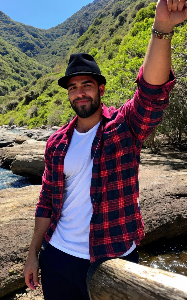 Photography, Foto de Beautiful Man, autofoto, parte superior del cuerpo hasta la cintura, Solo, wearing open lumberjack style red plaid shirt, se le ve parte del pecho donde tiene vello abundante negro, al aire libre, (al atardecer), mountains, Naturaleza de la vida real, estrellas, alegre pero rudo a la vez, feliz, hat matches the shirt but you can see his dark brown hair that is about 30cm long, bosque, rocas, river, madera, fumar, niebla, mirando al espectador, textura de la piel curtida blanca pero morena, grano de foto, de cerca, foto cruda