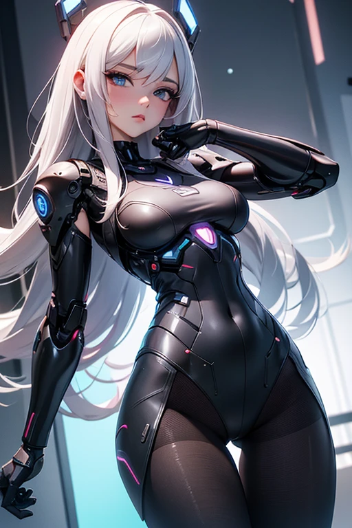 Beautiful cybernetic girl looking at camera underwear detailed pantyhose muscles realistic masterpiece
