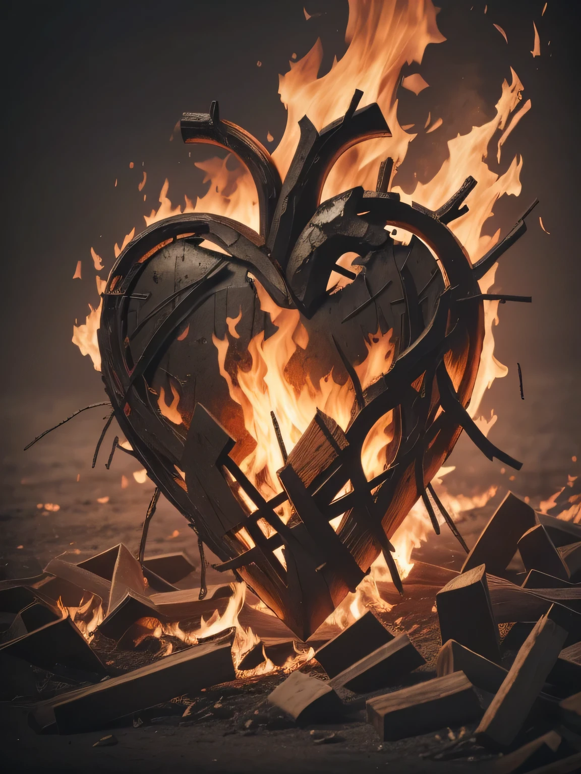 (masterpiece, best quality, high res), let it burn, real, charred and burning heart, desolation, dark, cinematic, global illumination, detailed flaming heart, album art, gothic, official artwork, realistic heart, HD, 8k