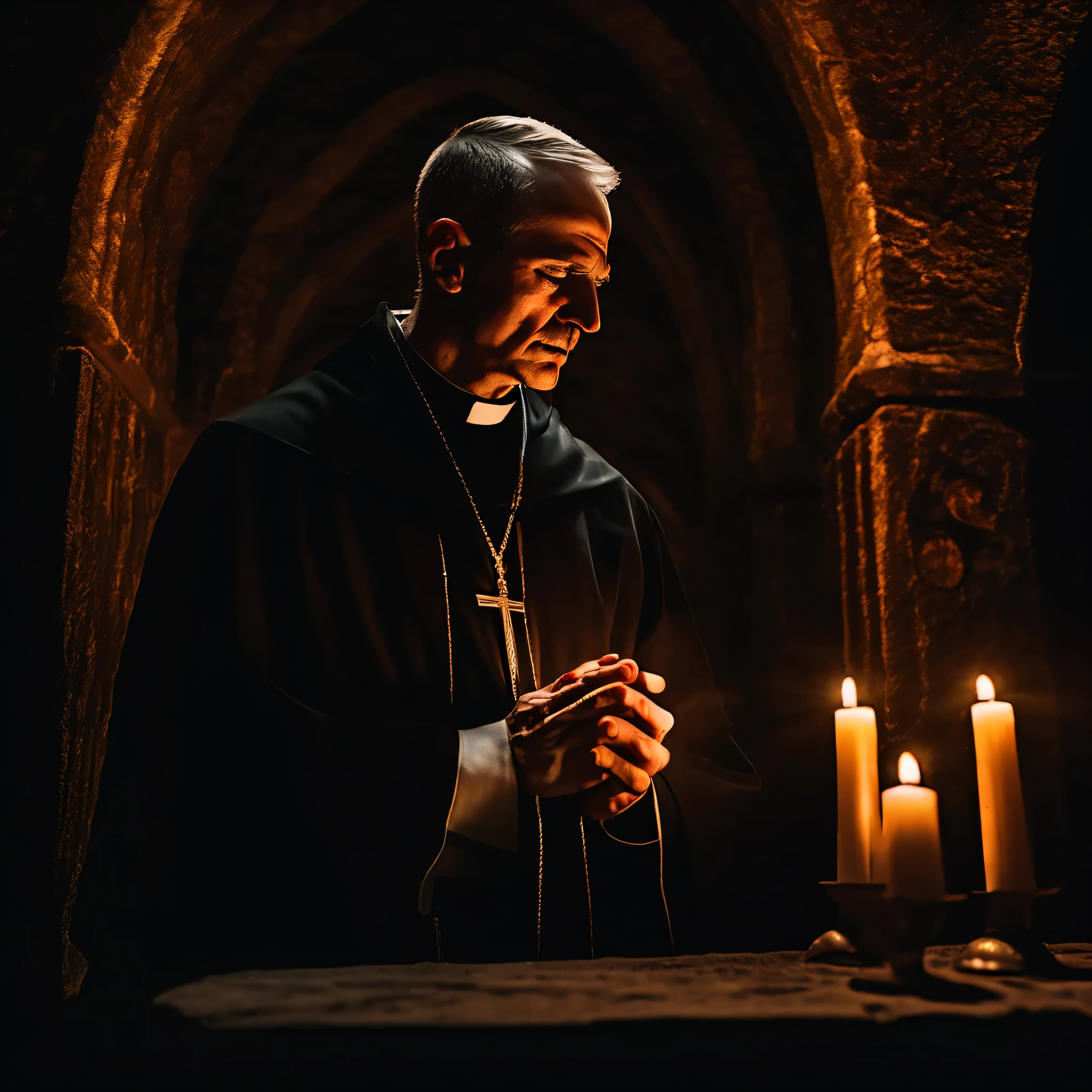 (highres,photorealistic),killer in a church wearing elderly priest attire,praying away demon,1980s,portrait lighting,vibrant colors,gothic architecture,vintage film noir aesthetics,striking poses,ominous atmosphere,exquisite details,ethereal lighting,surreal ambiance,dark shadows,imposing presence,hand-painted in oil,contrasting chiaroscuro,hauntingly beautiful,expressive eyes,lit candles,heavy incense,aged stone walls,sacred icons,aged priest robes,demonic entity fading away,holy aura,sharp focus,atmospheric perspective,depth and dimension,impressive realism