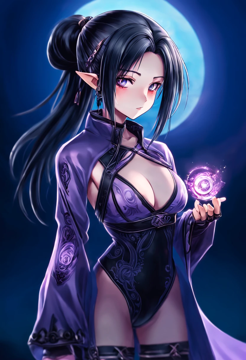 a girl with sinister eyes colored in purple, normal breast, wears very stylish combat outfits in anime, long black hair, she does not smile, with sinister background with sky in sight, on her outfit is clearly written "xenoblade "