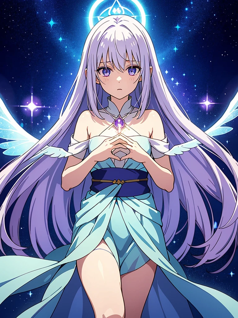 Kazuki Aetherwind possesses an ethereal and enchanting appearance in the magical realm of Eldoria. Her silver-white hair flows like moonlight, framing a face adorned with subtle runic tattoos that softly illuminate when touched by magical energies. Her eyes, a captivating shade of amethyst, hold a mysterious depth, reflecting a profound connection to the mystical forces surrounding her. A pair of translucent, iridescent wings extend gracefully from her back, symbolizing her affinity with the spirits of the air. These wings add an otherworldly elegance to her silhouette as they catch the ambient magical light. Kazuki's attire is a blend of magical elegance and functionality. Draped in a midnight-blue robe adorned with celestial patterns, each step seems to leave traces of stardust in his wake. A silver sash wraps around her waist, securing a vial filled with shimmering stardust—a magical catalyst for her enchantments. Her hands, adorned with ornate silver rings, possess a delicate yet powerful touch capable of weaving intricate spells. Around her neck, a crystal amulet radiates a soft glow, reflecting her mastery over the arcane energies that course through her. In this magical world, Kazuki Aetherwind stands as a living embodiment of the enchanting energies that permeate Eldoria, her presence resonating with the mystic beauty of the realm.