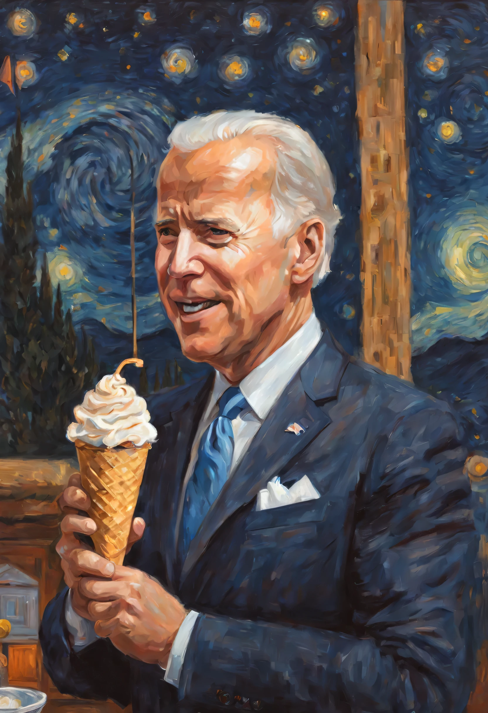 painting, fine art, portrait of president joe biden holding ice cream cone, in the style of van gogh starry night, strong brush style