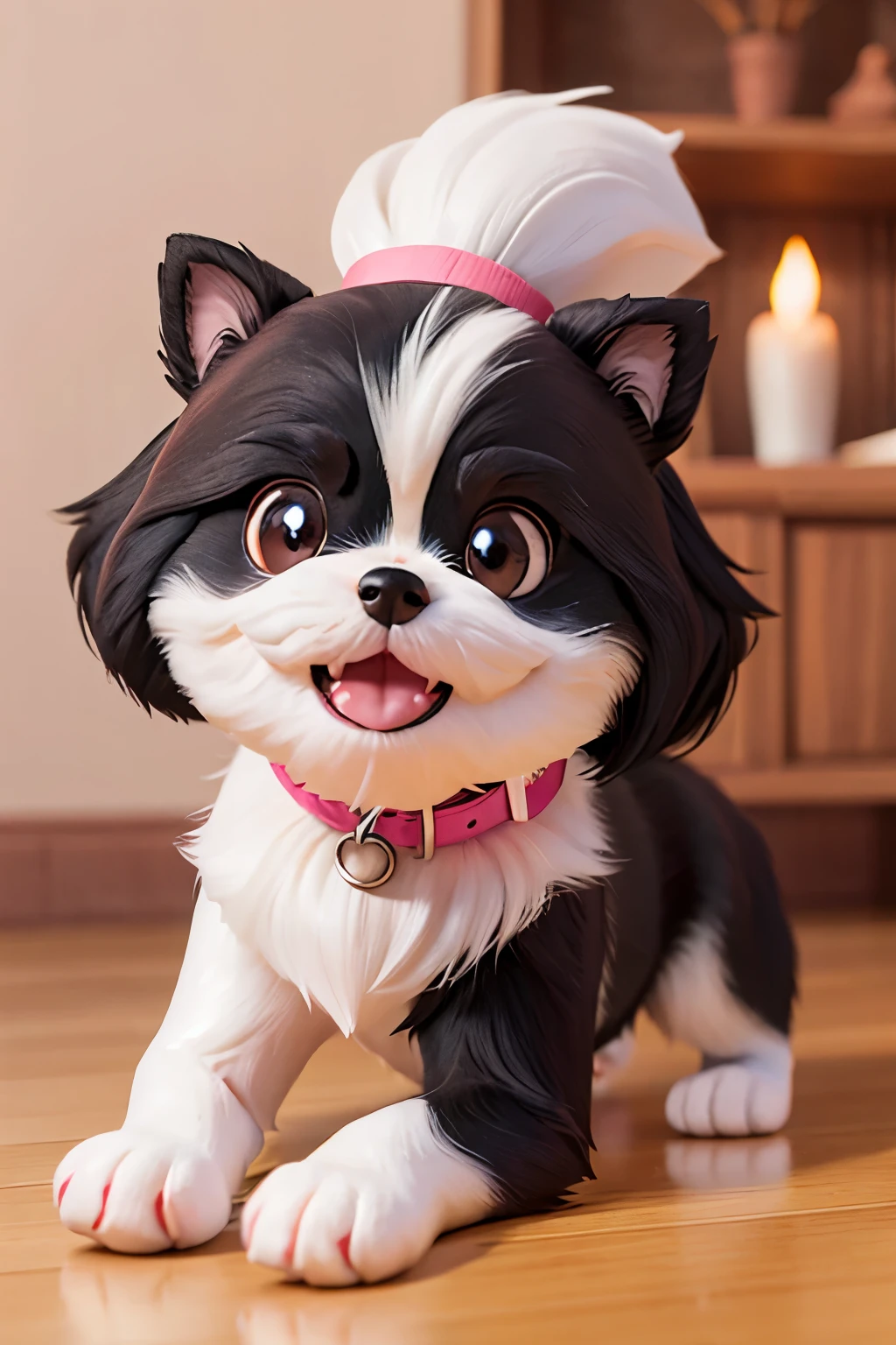 There is a black and white dog laying on the floor, shih tzu, shui mo hua, 2 years old, balck and white fur, ears lying down pointing to the ground,  a small white line running from the nose to the head,black fur around the eyes, a small white lock like a small white spiky tuft tied with a pink bow,  a handsome smile, taken with sony alpha 9, majestic masterpiece, pixar-style