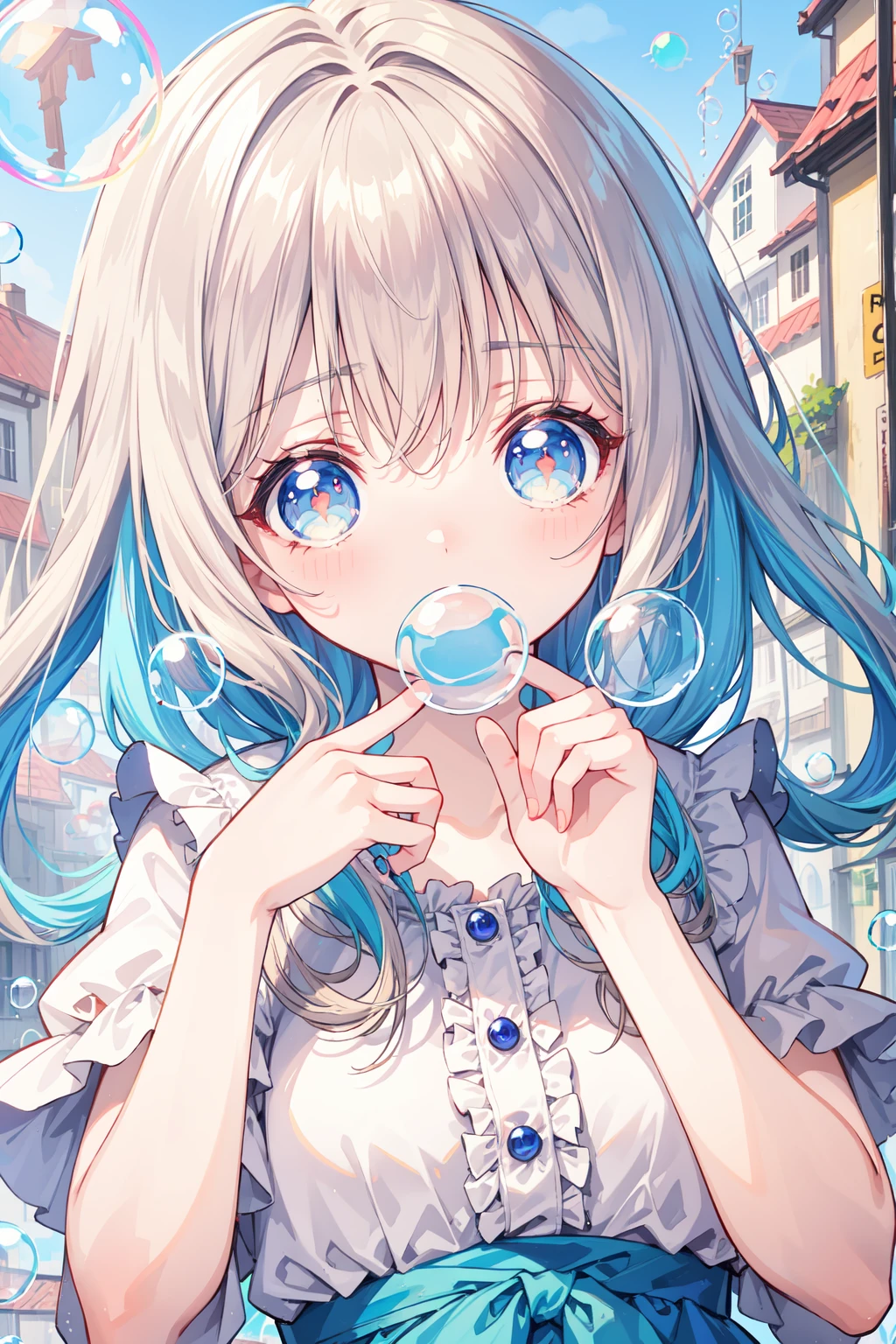 ((masterpiece)), (best quality), (beautiful detailed eyes), (ultra-detailed), (finely detail), (highres), colorful, kawaii pastel color, 1 girl, cute, (bubble:1.75), (on the roof), (background town), bubble, blue sky, (sleeping), reaching out, outdoors,