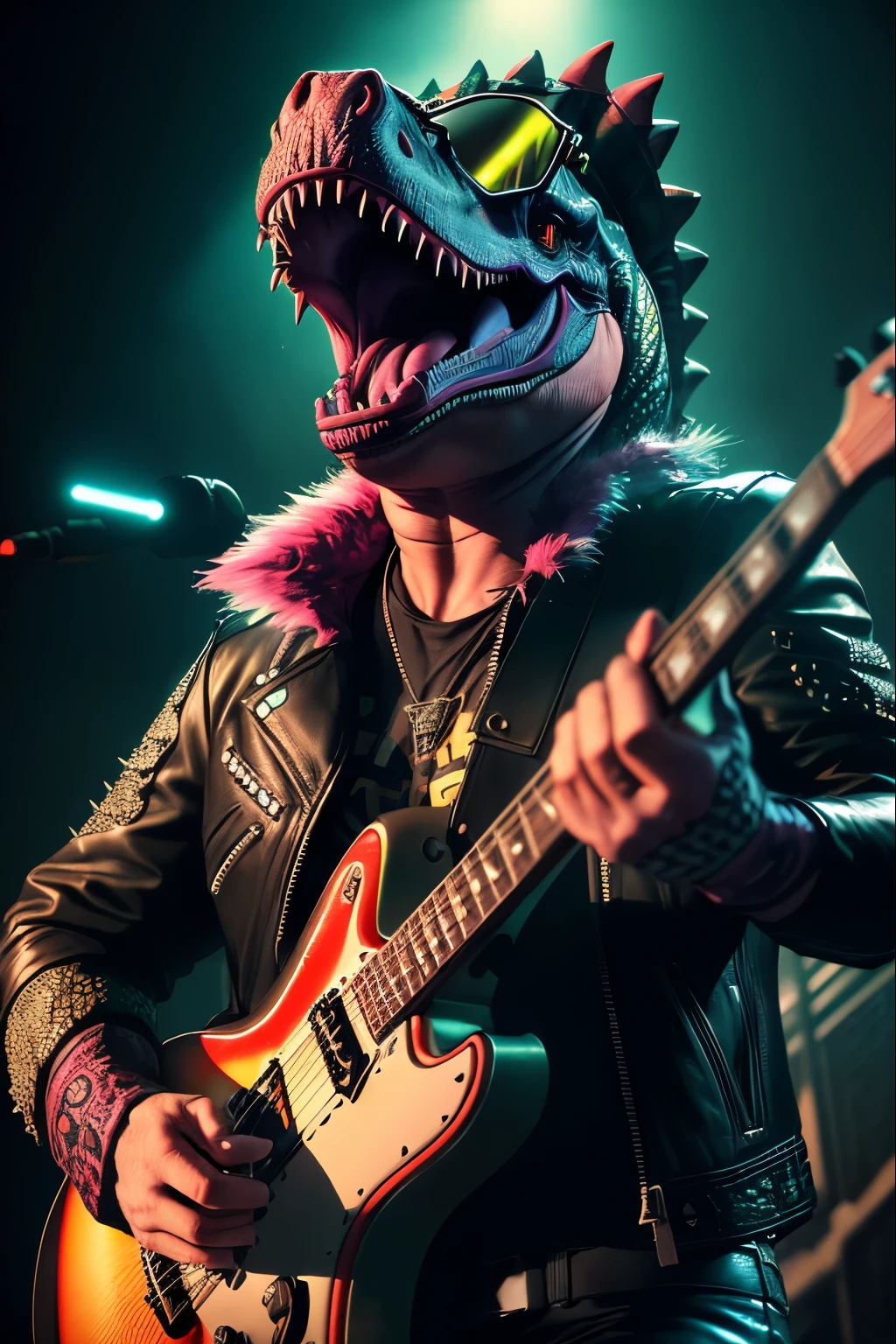 a dinosaur with a rocker jacket and sunglasses (best quality,ultra-detailed,realistic:1.37), vibrant colors, studio lighting, grunge style, intense expression, roaring, vibrant background, dark atmosphere