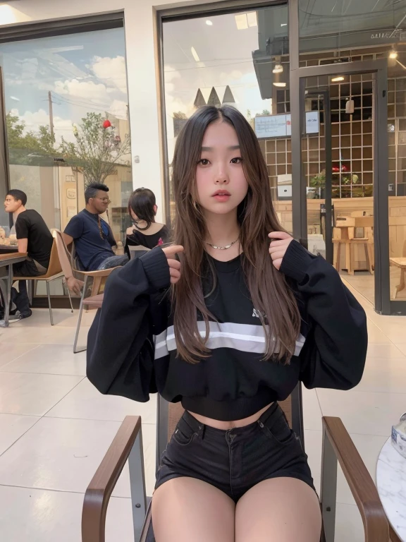 hay una mujer sentada en una silla con un top negro, grueso, pose casual, 18 years, 19 year old girl, sentado en una mesa, 2 4 year old female model, asian girl, se sienta en una azotea, 21 years, beautiful asian girl, 16 years old, ella lleva ropa de calle, young asian girl