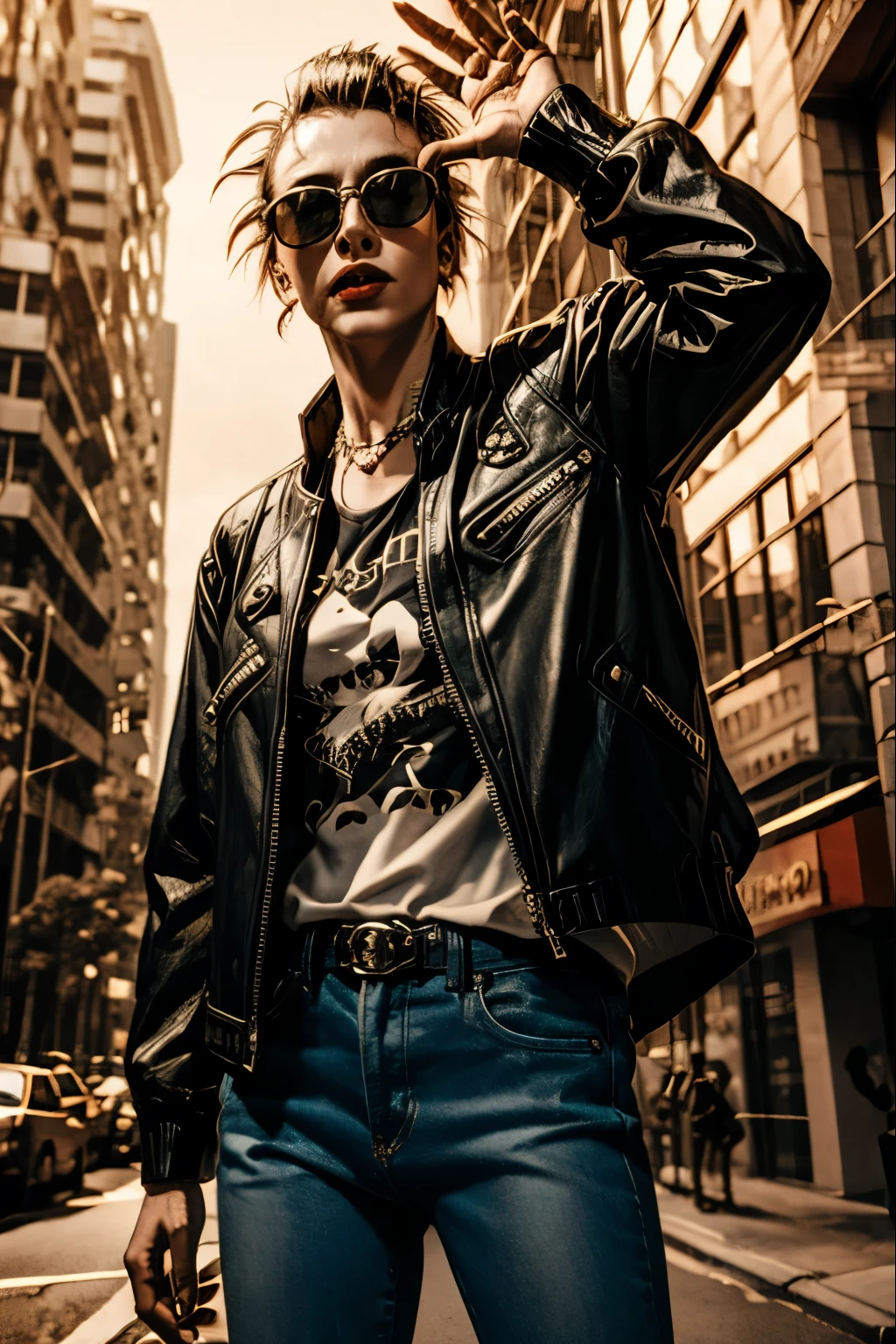 dinosaur rocker jacket and sunglasses.