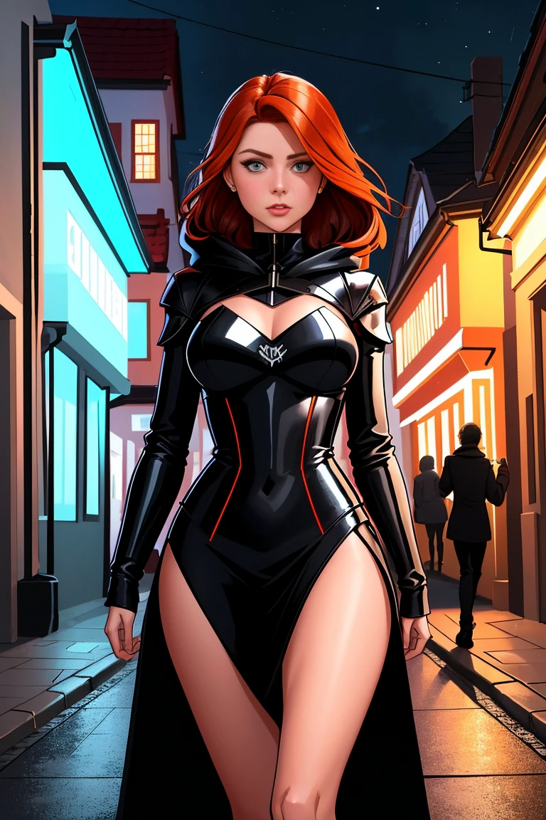 Nahaufnahme von 2 Motiven, 1 girl with auburn hair, wears a long-sleeved red gothic dress with a hood, ((rennt auf die Kamera zu)), (Woman looks scared), Erschrocken, rennt um ihr Leben, auf der Flucht vor einem Mann, who wears armor, vom Mann gepackt werden, in einer schmutzigen Stadtgasse, futuristische Stadt bei (Nacht:1.4), blaue und gelbe Leuchtreklamen, Verfolgungsjagd-Szene, Actionszene, dicke Umrisse, Comic-Stil, Dynamischer Kamerawinkel, Realistische Haut, realistic hands, perfect hands, Aktionslinien, Motion blur background