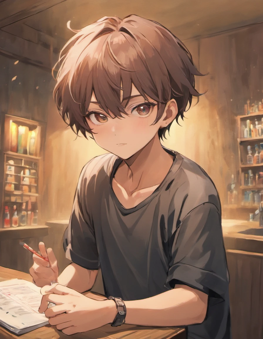 (table top,highest quality,ultras_be familiar with,High resolution,absurd),1 boy, male focus, 20's with brown hair and green eyes. Medium tanned skin, a lot of freckles, Fluffy dark brown hair, earrings. Strong appearance. Wear modern style clothes. in the bedroom. Embarrassed look. masculine. A little frivolous. スタッドearringsを着用, gray Tank top, and black sweatpants.