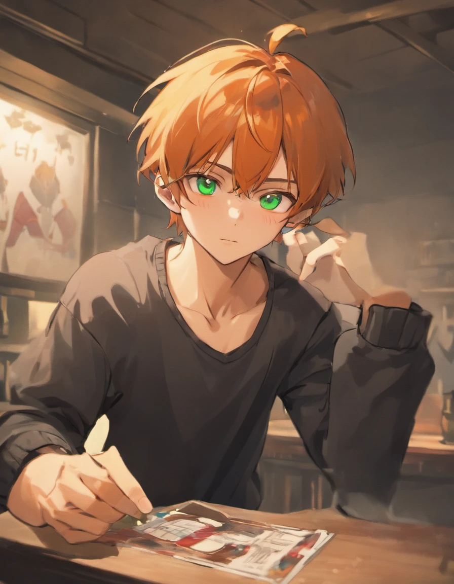 (table top,highest quality,ultras_be familiar with,High resolution,absurd),1 boy, male focus, 20's with brown hair and green eyes. Medium tanned skin, a lot of freckles, Fluffy dark brown hair, earrings. Strong appearance. Wear modern style clothes. in the bedroom. Embarrassed look. masculine. A little frivolous. スタッドearringsを着用, gray Tank top, and black sweatpants.