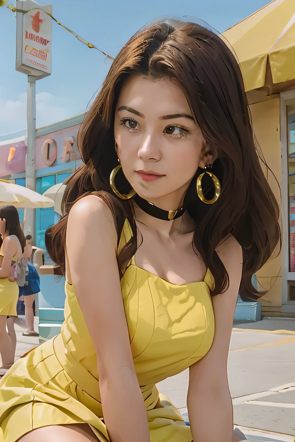 REALISTIC girl in yellow dress sitting on a bench in front of a store, extreme detailed, extreme realistic, in the style of ross tran,